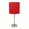 Creekwood Home Oslo 19.5in Contemporary Power Outlet Base Metal Table Lamp, Brushed Steel, Red Drum Fabric Shade CWT-2009-RE